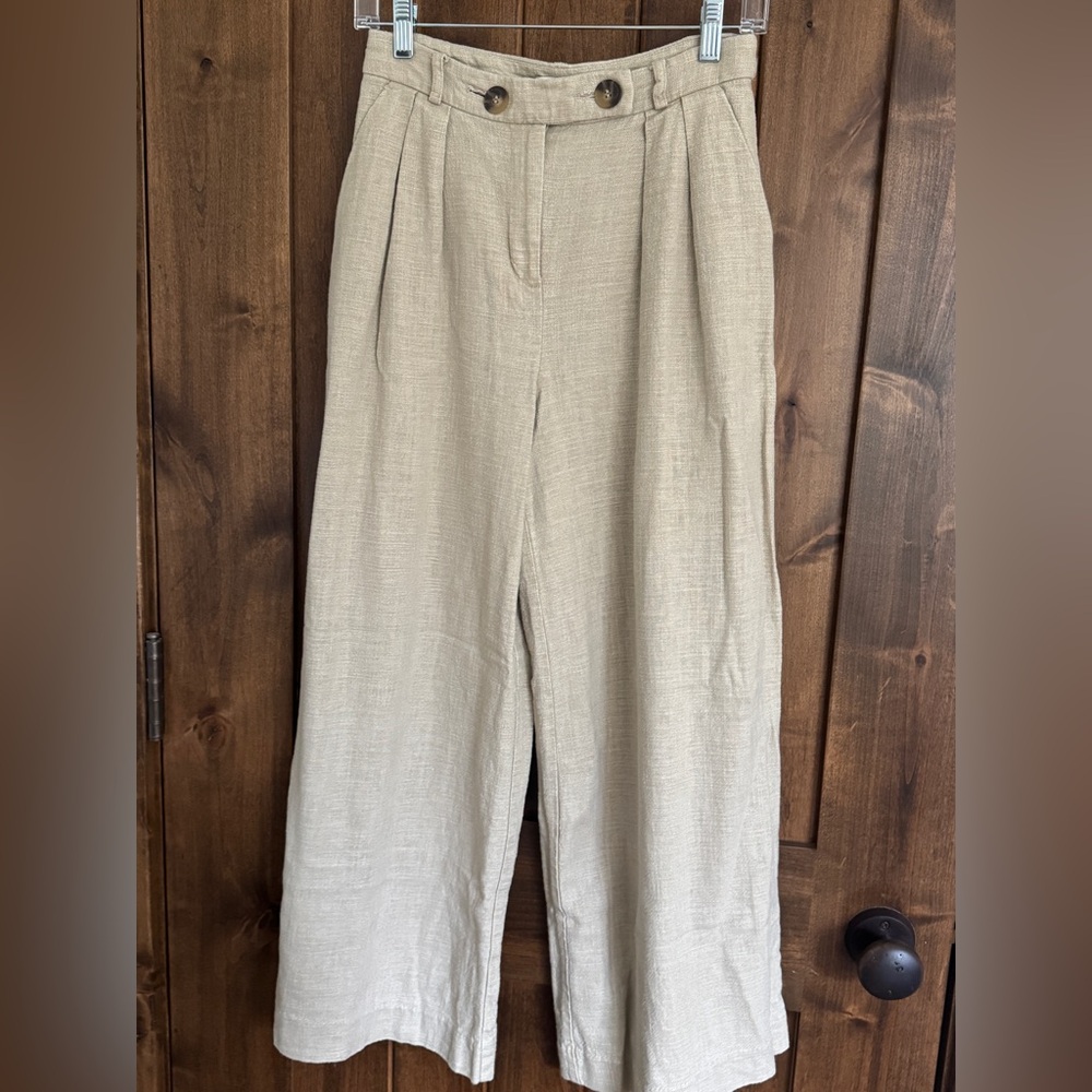 Topshop High-Rise Wide-Leg Linen Blend Pants in Light Beige, size 4